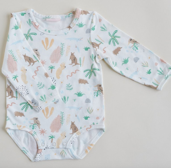 The Outback Dreamers by Halcyon Nights print is full of native animals, plants and rocks. This long sleeve onesie is made from the softest cotton and elastane blend.