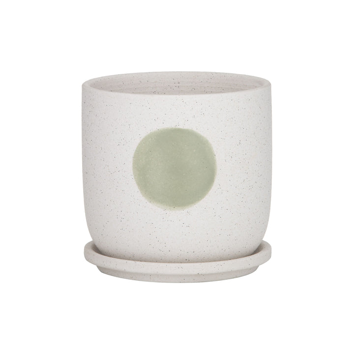 The Large Green Rocio Pot is both stylish and practical, a brilliant focal point in any given room  Made from white ceramic, it has a short body and comes with a drainage hole and saucer. It displays a light green circle on the exterior.  Place your favourite plants in this pot and display around your home for a charming approach. It’s a popular choice for florists, visual merchandising capsules, and homes across Australia.   *Material: Ceramic  *Size: 15x15x14cm  *Indoor use only