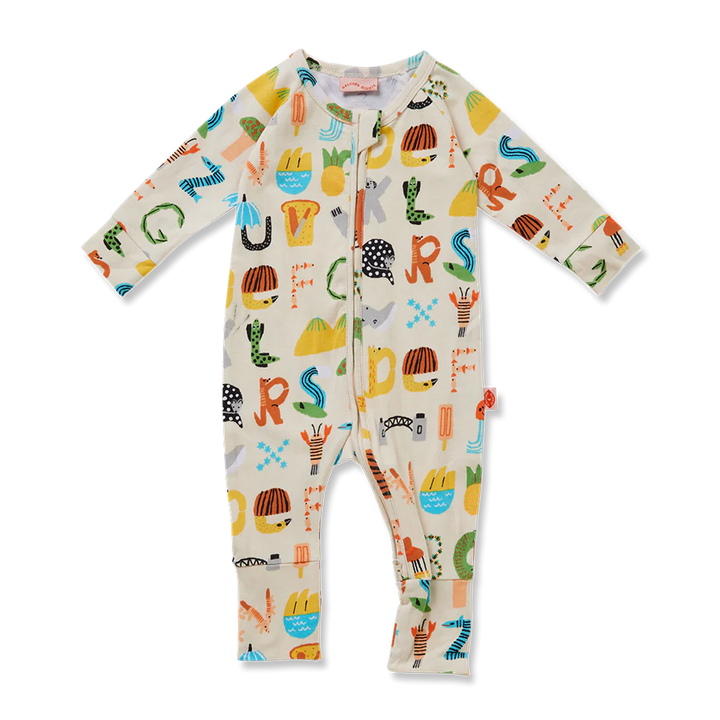 Cuddle up in the ABC Down Under LS PJ by Halcyon Nights.  This super cute baby long sleeve romper features a relaxed fit, fold over foot cuffs to help with temperature regulation and a two-way zip for easy nappy changes.  Perfect for a new born gift or to keep your little one super cosy.  *Made from a Cotton and Elastin blend  *Sizes from new born to 18 months  *Full length, double zip down the front for easy dressing and changing  *Gender neutral  *Designed in Australia by Halcyon Nights