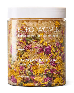 The Daydream Soak by Bopo Women is an uplifting and invigorating zesty bath soak designed to gently revitalise, detox and moisturise the skin.   Incorporating a delicate blend of orange & vanilla, luxurious organic flowers and mineral rich sea salts. This soak was crafted to lift your mood & leave you feeling ready to take on the world.  * Natural, handcrafted, vegan  * Cruelty Free  * Designed and Made in Australia by Bopo Women