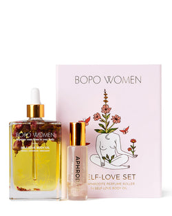The Self-Love Gift Set by Bopo Women arrives in a beautiful gift box and features a Self-Love Body Oil and Aphrodite Crystal Infused Essential Oil Roller.   The perfect gift to treat yourself or for a special loved one!  * Natural, handcrafted, vegan  * Cruelty Free  * Designed and Made in Australia by Bopo Women