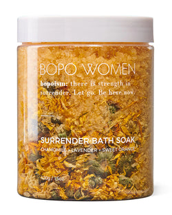 The Surrender Soak by Bopo Women is a soothing and de-stressing bath soak designed to gently cleanse, soften and moisturise tired skin.  Incorporating a calming blend of pure essential oils and mineral rich Epsom salts, this soak was crafted to provide a soothing relief from our busy modern world & endless to-do lists.   * Natural, handcrafted, vegan  * Cruelty Free  * Designed and Made in Australia by Bopo Women