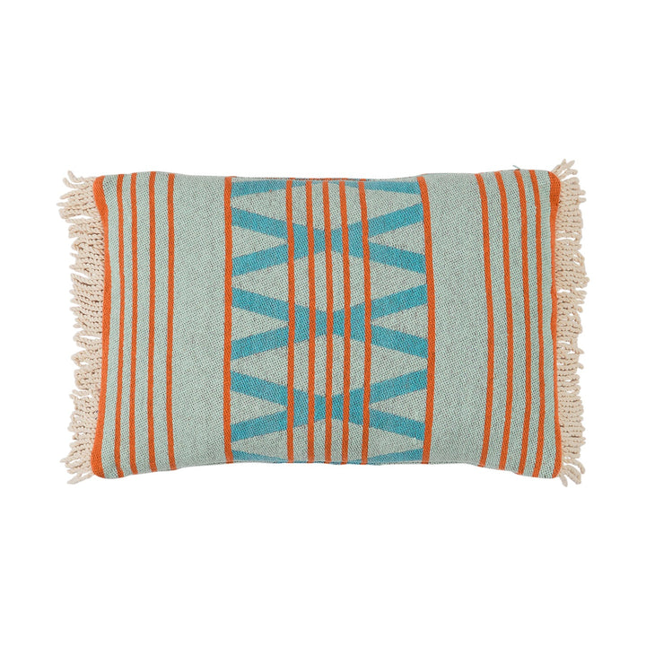 The Los Altos Cushion takes a different approach to geometry, leaning into retro-inspired motifs with a global feel. The combination of stripes and diamonds creates a layered feel across its softly textured, woven surface.  Measures 40 x 60cm Colours: Milk, Spearmint, Paprika, Hydrangea Made from handloom woven cotton with corded fringe + high-quality feather insert Designed by Sage x Clare in Melbourne, Australia 