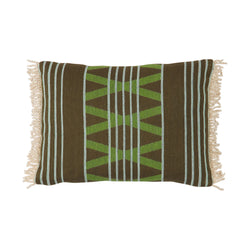 The Los Altos Cushion takes a different approach to geometry, leaning into retro-inspired motifs with a global feel. The combination of stripes and diamonds creates a layered feel across its softly textured, woven surface.  Measures 40 x 60cm Colours: Milk, Spearmint, Caraway, Bay Leaf Made from handloom woven cotton with corded fringe + high-quality feather insert Designed by Sage x Clare in Melbourne, Australia 