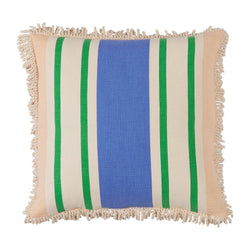 The Cantaloupe Tishy Fringe Cushion is the perfect cushion to be mixed and matched.   Wide and slim stripes combine to create a soft and slightly rustic statement piece that’s right at home in vibrant cushion stacks.  Double sided design  Measures 60 x 60cm Colours: Cantaloupe, Freesia, Milk, Perilla Made from cotton + high-quality feather insert Designed by Sage x Clare in Melbourne, Australia 