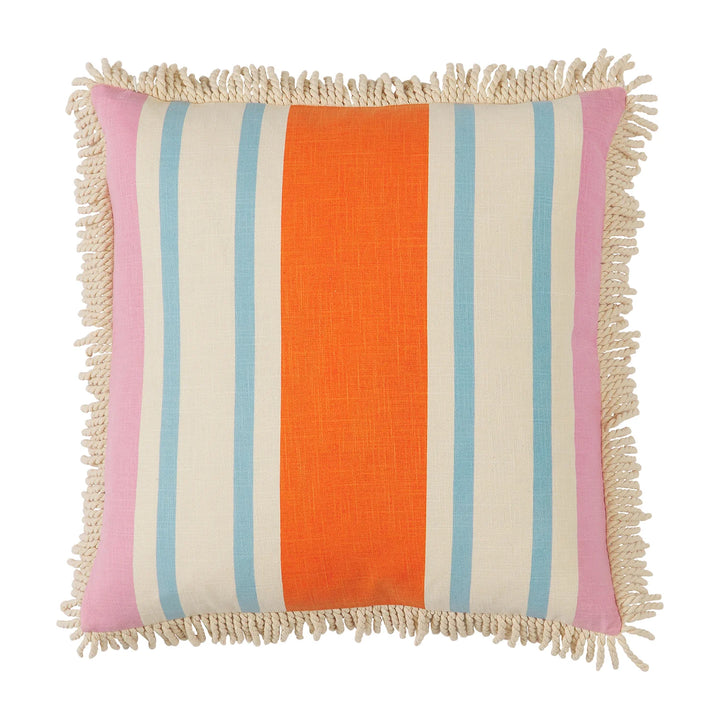 The Dahlia Tishy Fringe Cushion is the perfect cushion to be mixed and matched.   Wide and slim stripes combine to create a soft and slightly rustic statement piece that’s right at home in vibrant cushion stacks. Corded fringe lines its edges for an extra playful touch of texture  Double sided design  Measures 60 x 60cm Colours: Dahlia, Paprika, Hydrangea, Milk Made from cotton + high-quality feather insert Designed by Sage x Clare in Melbourne, Australia 