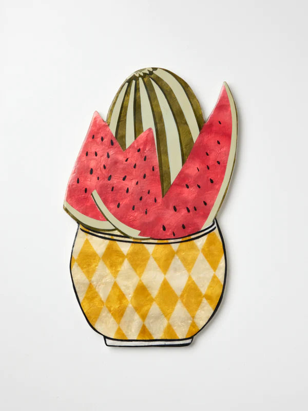 Add a touch of fun and whimsy to any room with the Watermelon Sugar Wall Art by Jones & Co.  Handmade from Capiz shell and painted by hand with vibrant colours, you can hang this wall art in your kitchen or dining space for a refreshing and fruity vibe.  It's lightweight and comes ready to hang, making it a breeze to add a pop of colour to your space.  *Designed for indoor use  *Length: 29cm/ Width: 17cm/ Height: 1cm  *Designed in Sydney and hand-crafted in the Phillipines by Jones & Co artisans