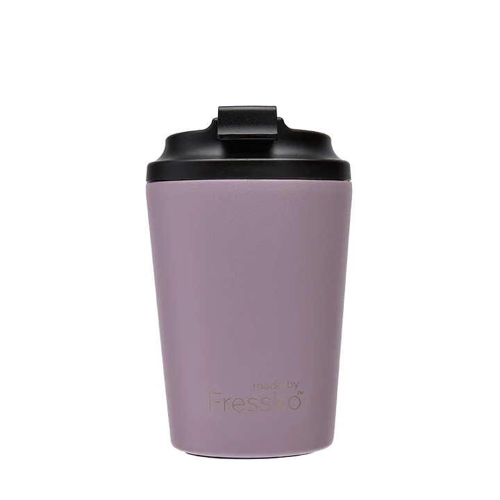 Enjoy your take away coffee, tea or hot chocolate with the Lilac Bino Cup.   This 8 oz reusable takeaway coffee cup with spill proof, lock lid is perfect for the person on the move.   * Keeps your drinks cold for up to 12 hours   * Keeps your drinks hot for up to 3 hours.   * Scratch-resistant  * Spill-proof, screw in, lockable lid   * They fit perfectly in your standard cup holder and are ideal for travel.  * By Fressko
