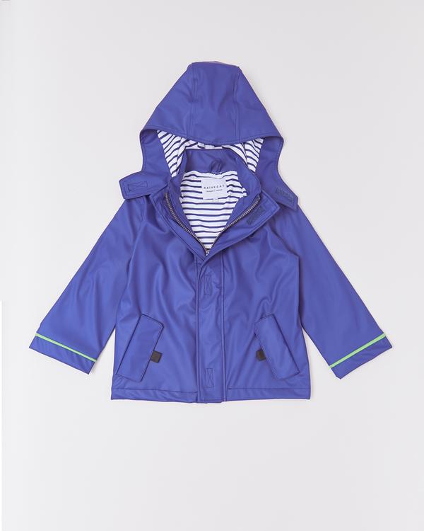 Splash in style with the eye-catching Stripy Sailor Rainkoat. Every little rainy-day explorer needs a coat that they can count on with welded seams to keep them extra dry. The jacket and cosy hood are lined with soft, 100% cotton material in a charming nautical blue and white stripe. Try rolling the sleeves for a peek at the 