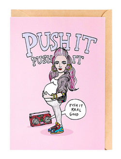 We love the Push It Pregnant Card by Melbourne Illustrator Beck of Wally Paper Co.   This gorgeous Wally card is A6 (when folded), and blank inside. 
