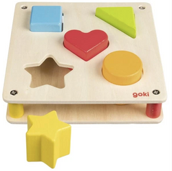 Let your SuperCool Kid learn about shapes with this Mini Wooden Shape Box by Goki!   This wooden box is perfect for introducing shapes to your toddler.  Choose the wooden shape + find its matching hole.  Enhances motor skills and coordination.  Goki make high quality, sustainable and eco friendly toys to help kids learn!