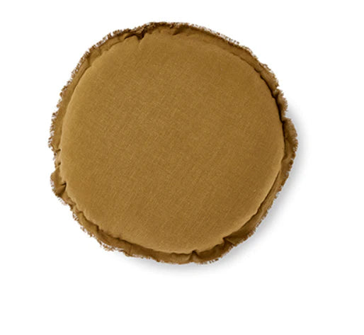 This ever so Stylish and comfortable Ochre Lewis Round cushion features a round shape finished with classic self-fringing around the edge of the cushion. The base fabric is a soft and durable, Ochre coloured cotton linen.