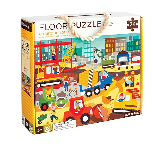 We love puzzles; including this Construction Site Floor Puzzle!   For construction enthusiasts everywhere this 24 piece floor puzzle features vibrant, detailed and engaging artwork with stunning foil finishes to add extra shine to trucks and wheels. These extra thick and chunky puzzle pieces are perfect for toddlers. Contained in a perfect gift-to-go box with a soft cotton rope handle.