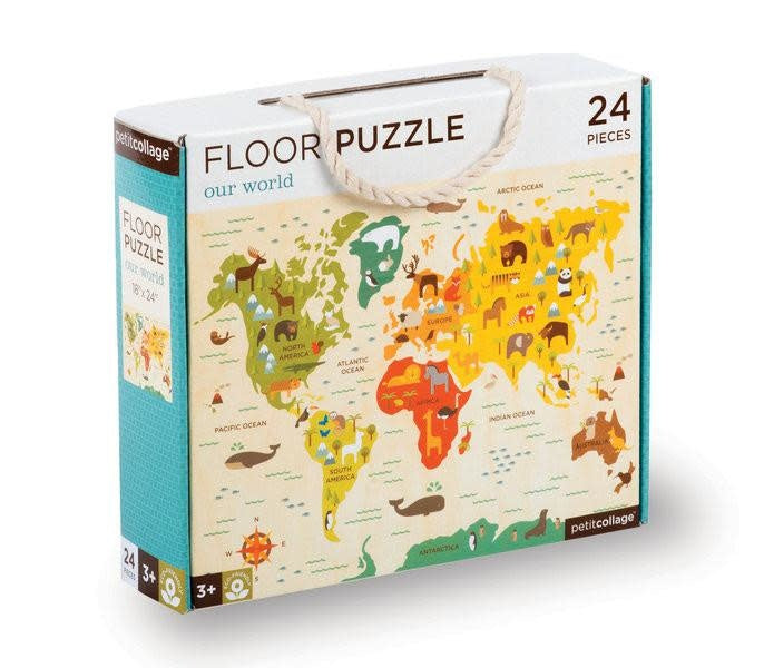 Have hours of fun with the Our world floor puzzle.  Engage your child's fine motor skills while they learn about their world.  For globetrotters, everywhere this sturdy 24 piece floor puzzle features vibrant, detailed artwork with plenty of things to spot. Can you find the bear, zebra, whale, or panda?