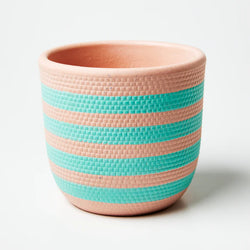 This Stripe Nectarine Aqua Pot by Jones & Co is guaranteed to bring a colourful and fun vibe to your home or office. Here a lively aqua stripe meets a more neutral nectarine. 